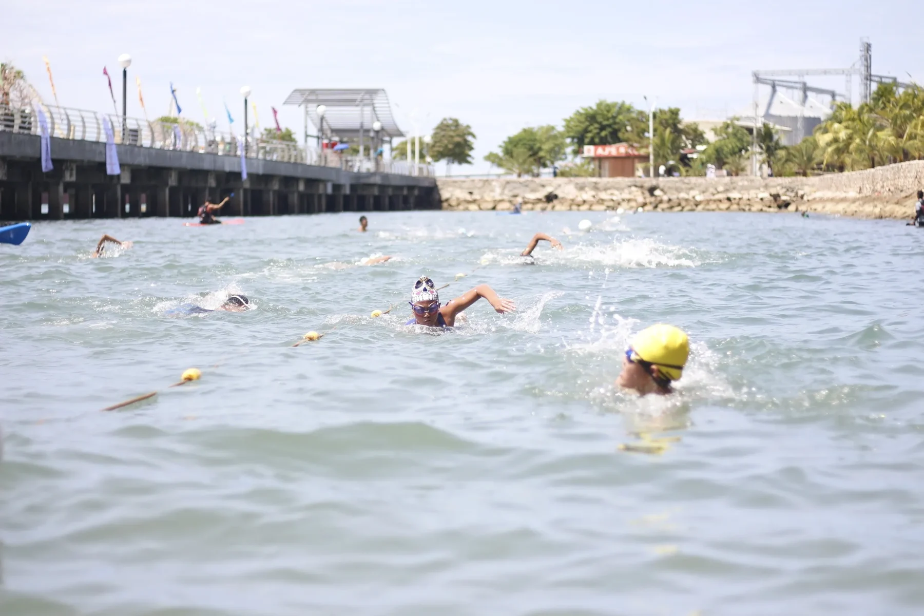 Swimmers competing in an outdoor pool